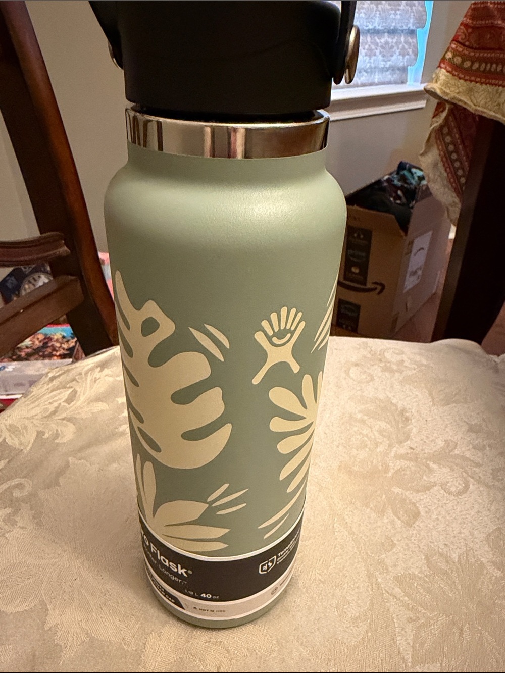 Hydro Flask Sage Green Water Bottle with White Floral Graphics